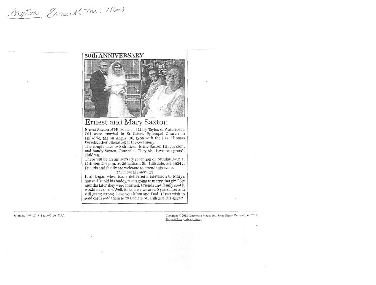Page 1 of the original biography for Ernest Saxton