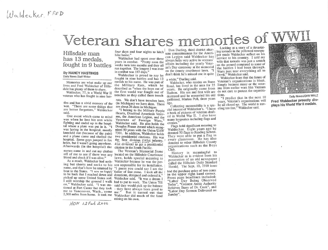 Page 1 of the original biography for Fred Waldecker