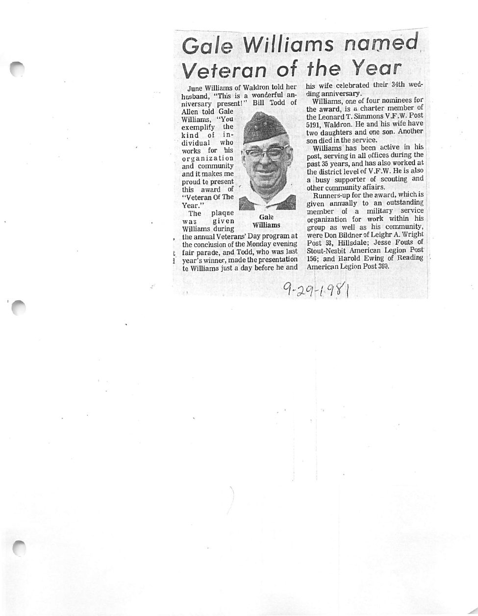 Page 1 of the original biography for Gale Williams