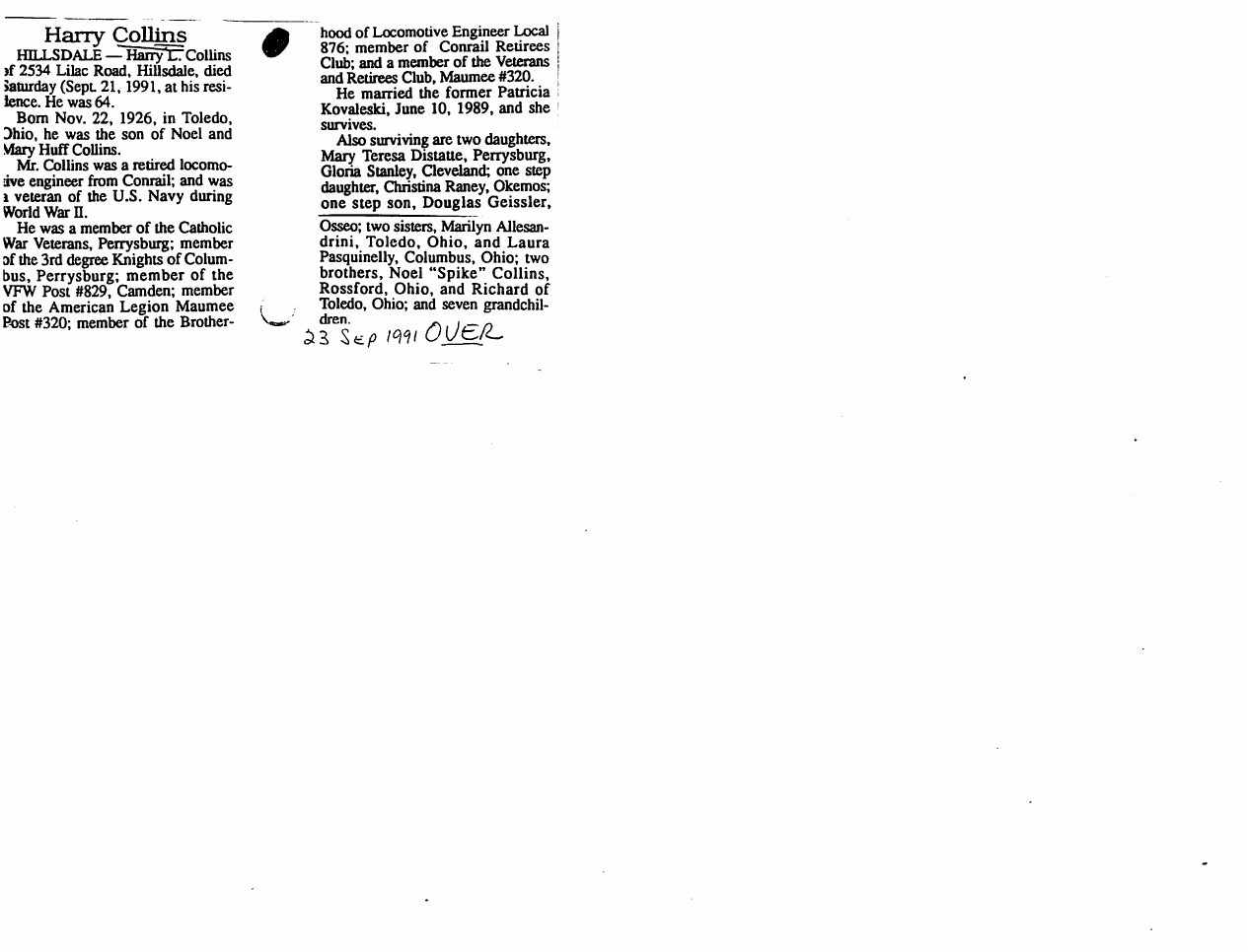 Page 1 of the original biography for Harold Collins