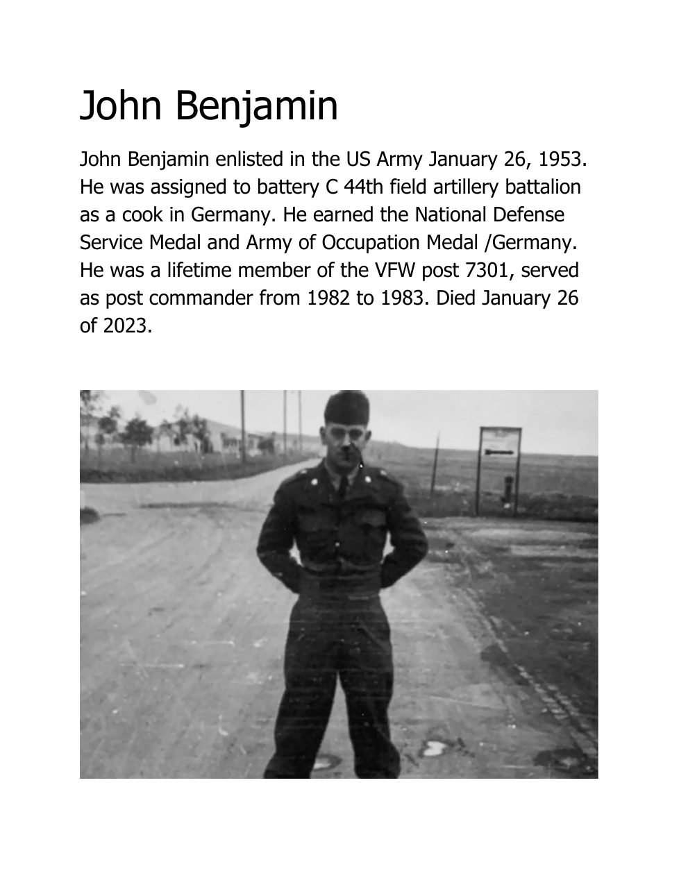 Page 1 of the original biography for John Benjiman