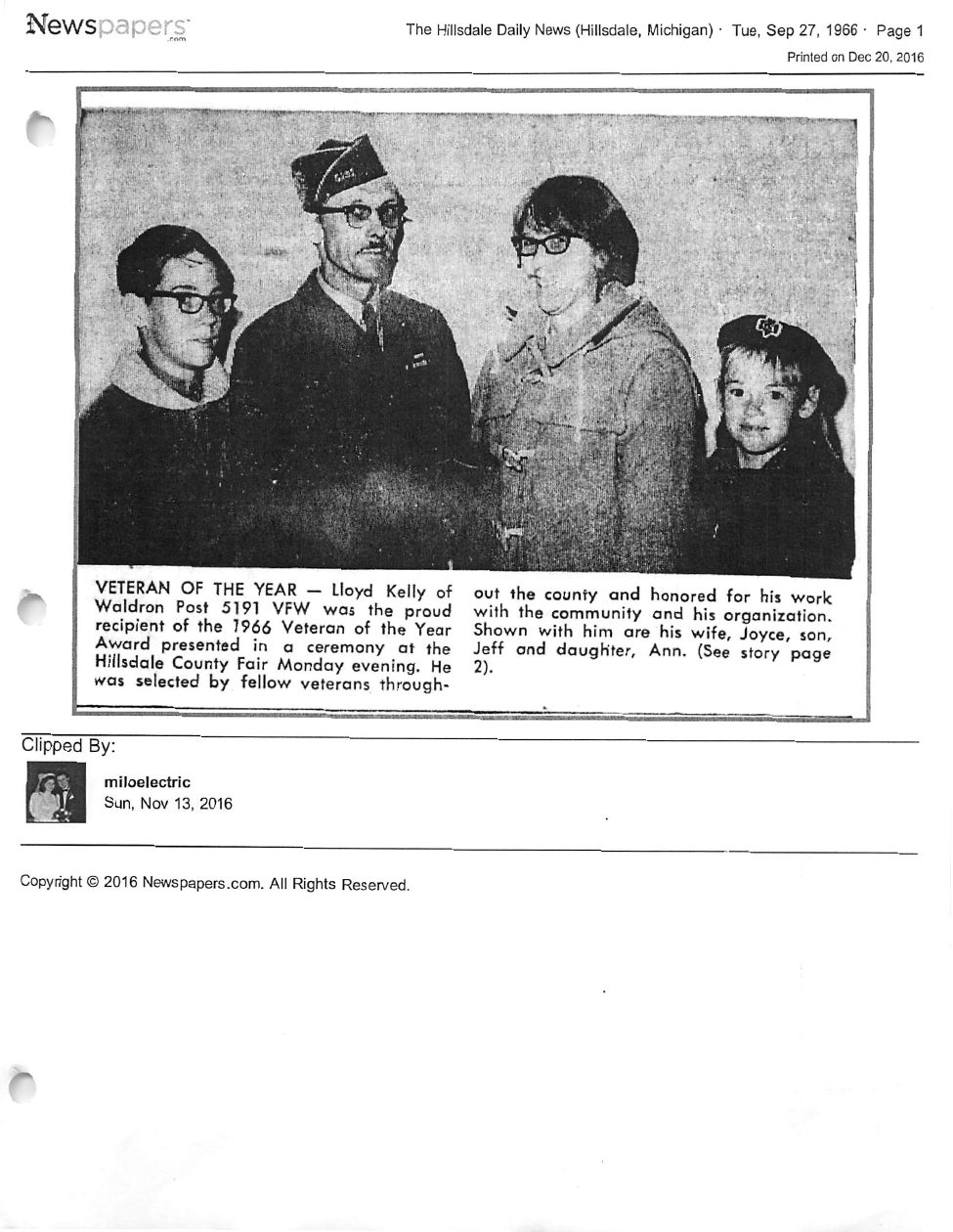 Page 1 of the supplied original biography for Lloyd Kelly