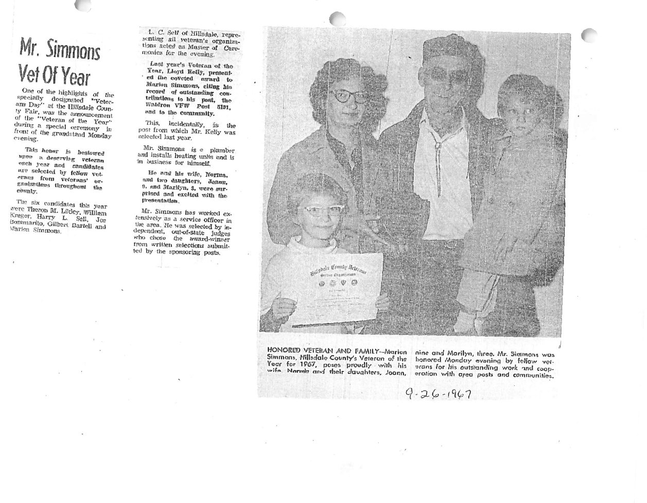 Page 1 of the original biography for Marion Simmons