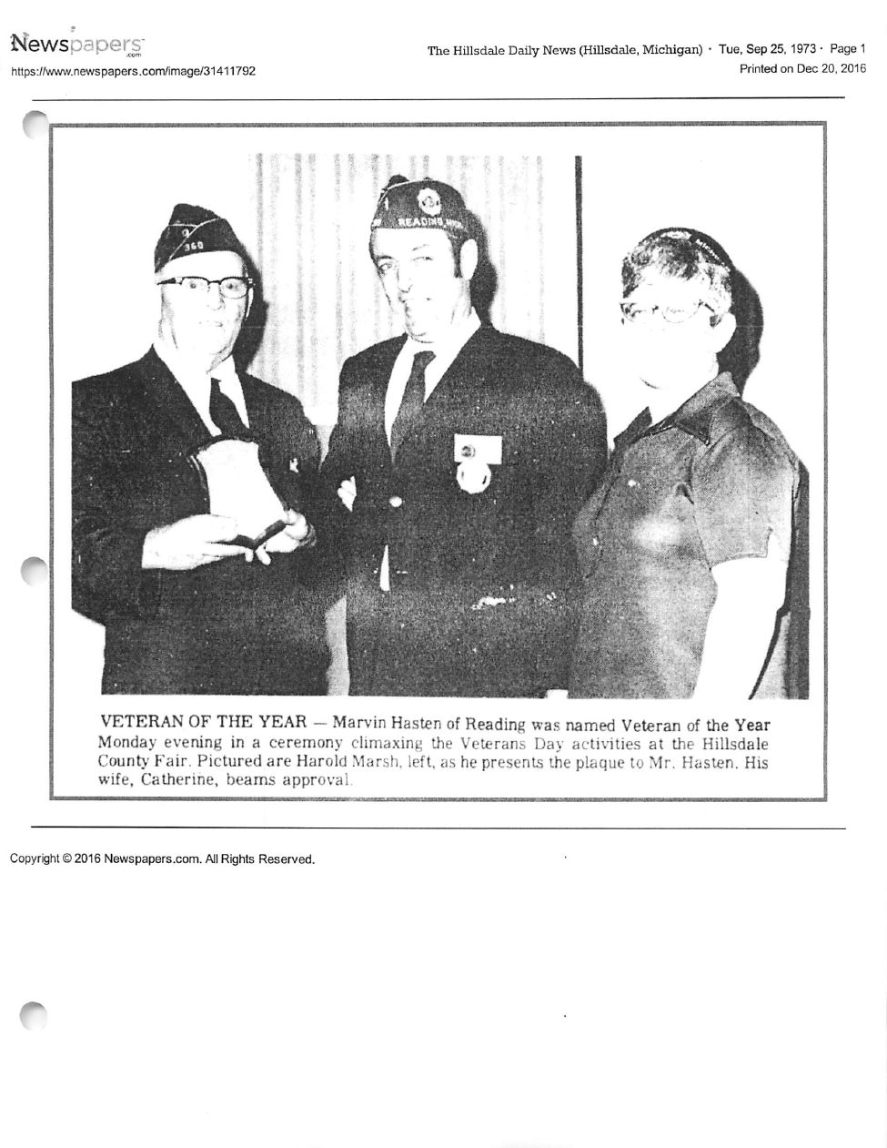 Page 1 of the original biography for Marvin Hasten