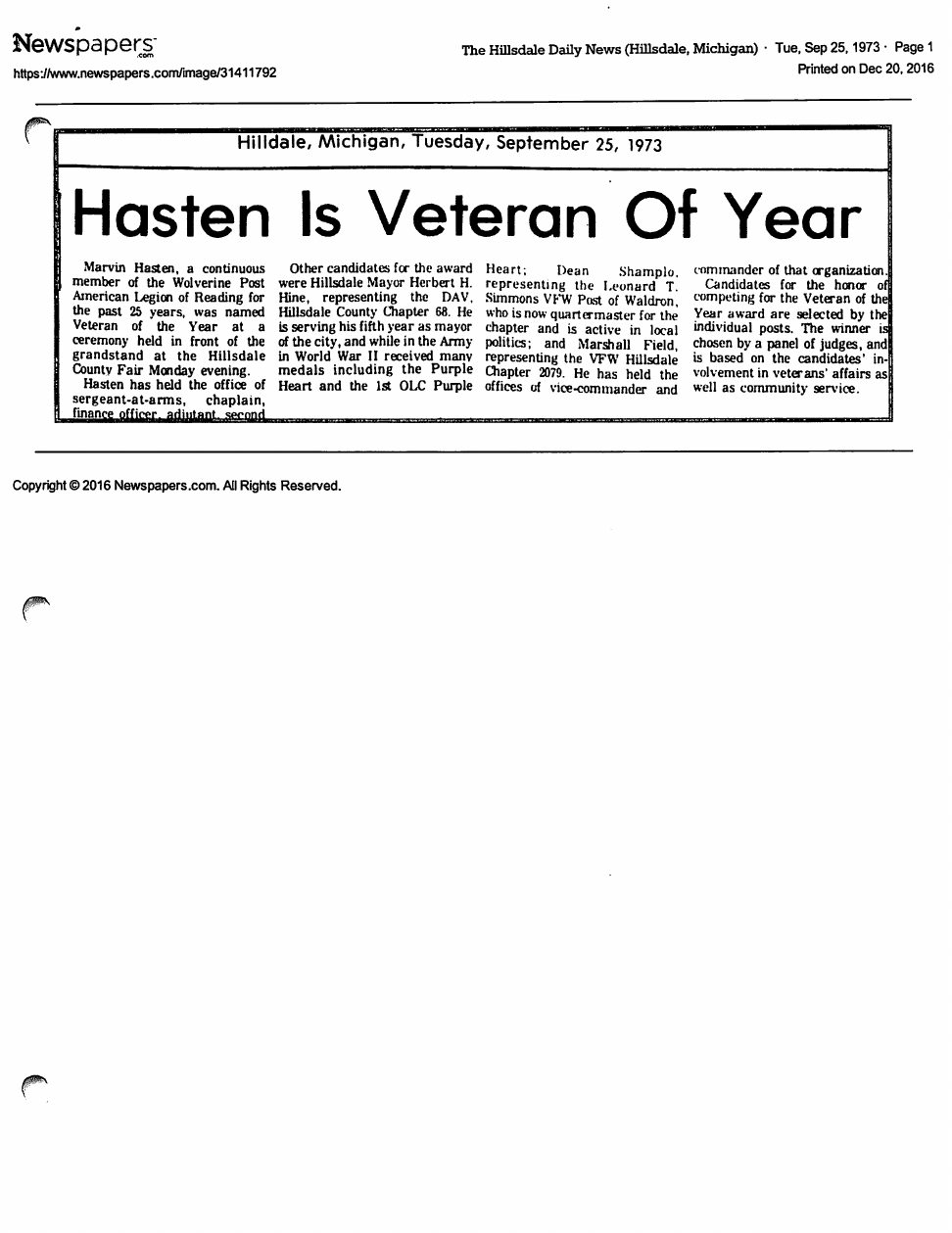 Page 2 of the original biography for Marvin Hasten