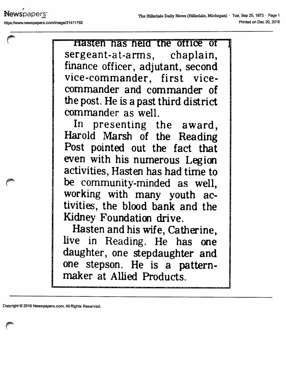 Page 3 of the original biography for Marvin Hasten