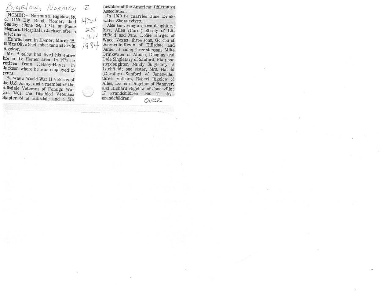 Page 1 of the original biography for Norman Bigelow