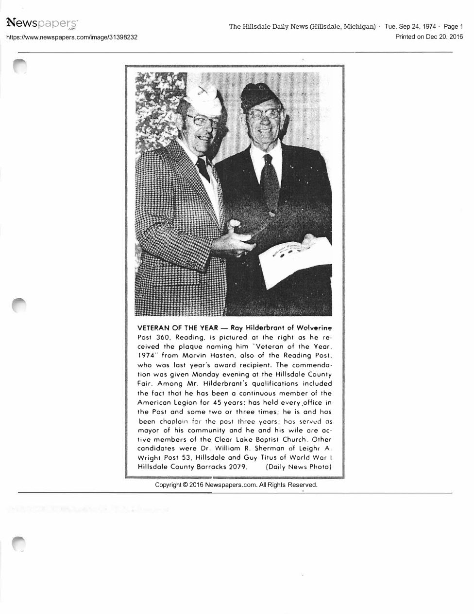 Page 1 of the original biography for Ray Hilderbrant