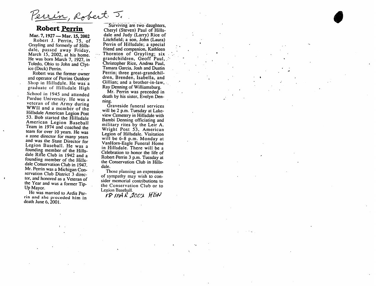 Page 1 of the original biography for Robert Perrin