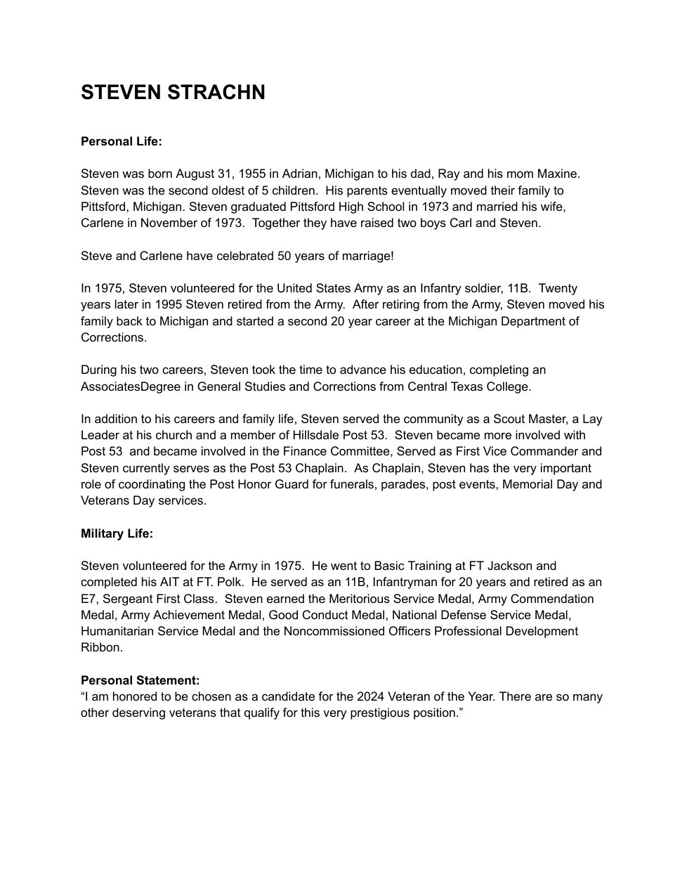 Page 1 of the original biography for Steven Strachn
